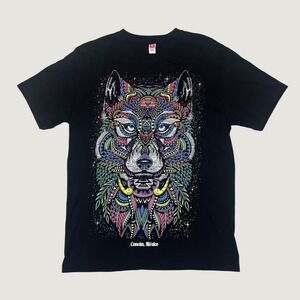 Cancun Mexico Wolf Graphic T-Shirt Black Psychedelic Geometric Art Mens Large